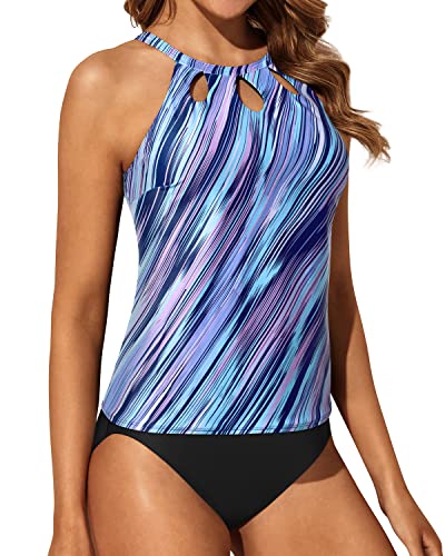 Keyhole Backless Tankini Bathing Suit High Waisted Swim Shorts For Women-Blue And Black Stripe