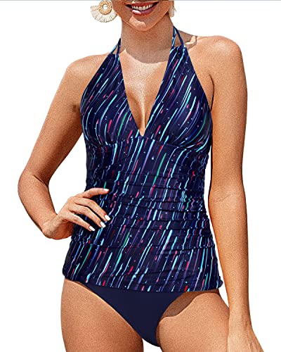 Open Back Halter Tankini Tops Bikini Bottom Two Piece-Navy Blue