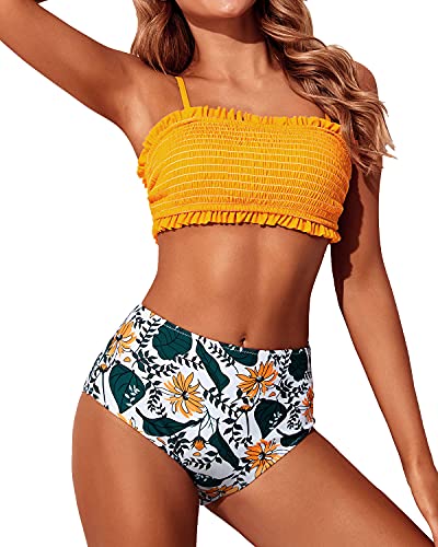 Bandeau Bikini Set Two Piece Smocked Swimsuits Ruffle Off Shoulder Bathing Suit-Yellow Floral