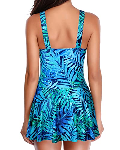 Ruched Detailing Removable Padded Long Swimsuit Skirt-Blue Leaves