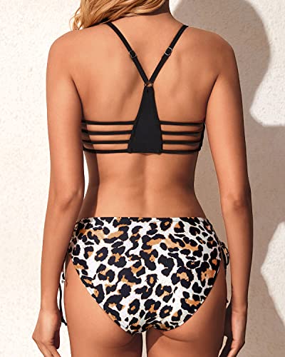 Strappy Adjustable Two Piece Bikini Set Side Tie Bathing Suits Racerback Swimwear-Black And Leopard