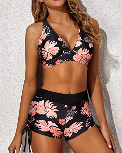 Women's 3 Piece Tankini Swimsuits Backless Tank Top-Black Orange Floral