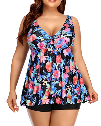 Flyaway Bathing Suits For Women V Neckline Plus Size Tankini Set-Pink Flower Blue