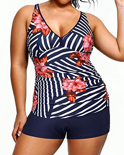 Tummy Control Tankini Two Piece Bathing Suits Plus Size Swimsuits Shorts-Blue Floral