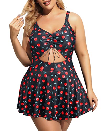 Plus Size Cutout Swim Dress Built-In Bottom Full Bottom Coverage For Women-Black Cherry