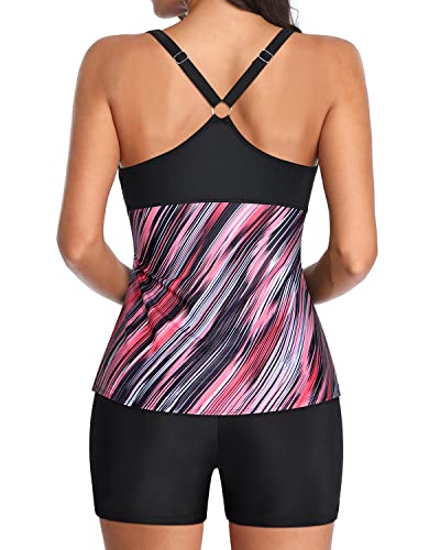 Adjustable Shoulder Straps Two Piece Tankini Bathing Suits For Women-Black And Pink Stripes