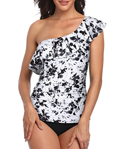 Front Ruched Tummy Control One Shoulder Swimsuits For Women-Black And White Tie Dye