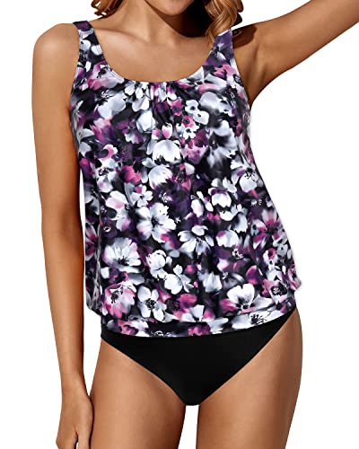 Loose Fit Tankini Swimwear Shorts For Women-Purple Flower