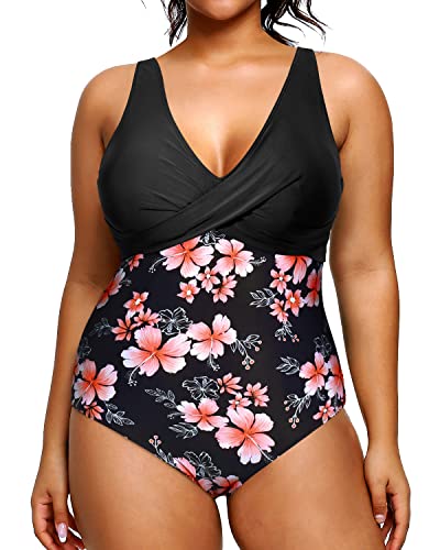 Plunge Deep V-Neck Plus Size Swimsuit For Women-Black Flower