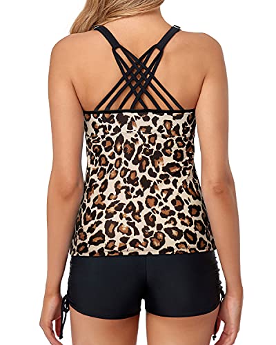 Modest Tankini Tops Cross-Back Design And Shorts For Women Boyshorts-Black And Leopard