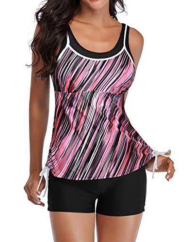 Athletic Bathing Suits Tankini Top And Shorts For Women-Pink Stripe