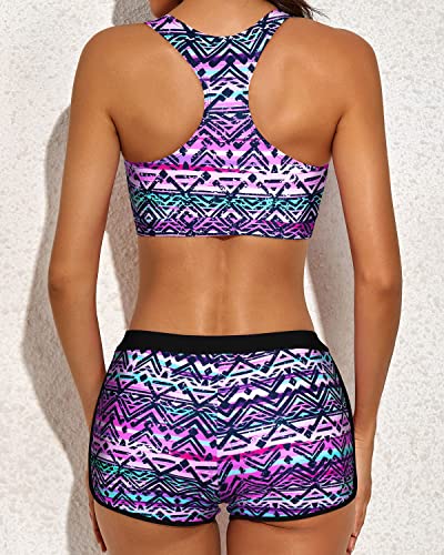 Women's 3-Piece Athletic Tankini Loose Tank Top And Padded Sports Bra-Black And Tribal Purple