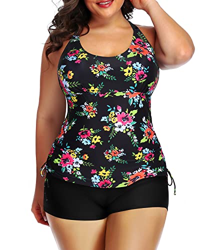 Women's Plus Size Tankini Swimsuit Shorts Athletic 2 Piece Swimwear-Black Floral