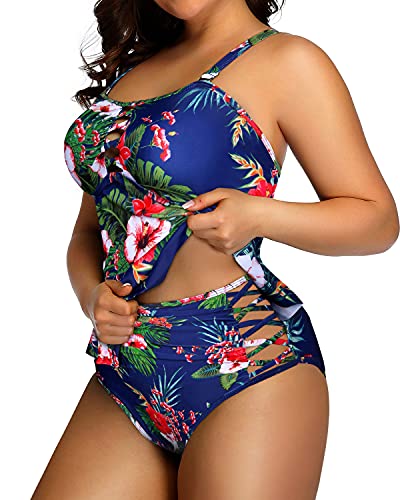 Criss Cross Design Plus Size Swimsuits For Women-Blue Floral