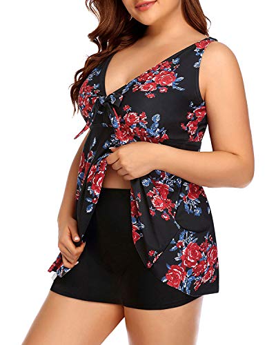 Plus Size Push Up Tankini Top Boy Shorts Tankini Set-Black And Red Floral