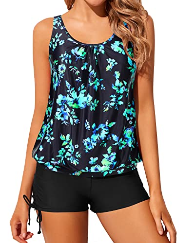 2 Piece Blouson Tankini Swimsuits For Women Boyshorts-Black Blue Floral