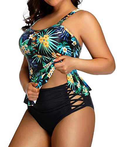 Peplum Tankini Tops And High Waisted Swimwear For Women Plus Size Swimsuits-Black Leaf