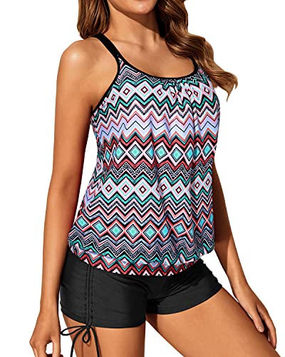 Sporty Women's Blouson Tankini Swimsuit Criss Cross Back Boy Shorts-Black Tribal