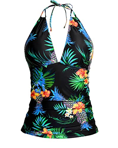 V Neck Halter Tankini Top Double Straps Shirred Open Back Swimwear-Black Pineapple