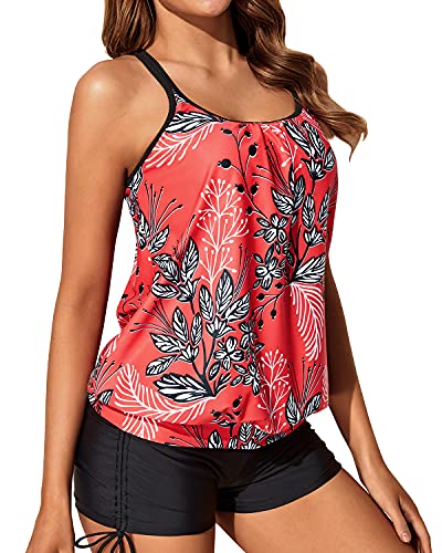 Loose Fit Slimming Tummy Control Tankini Swimsuits Mid Rise Boyleg Bottom-Red Floral