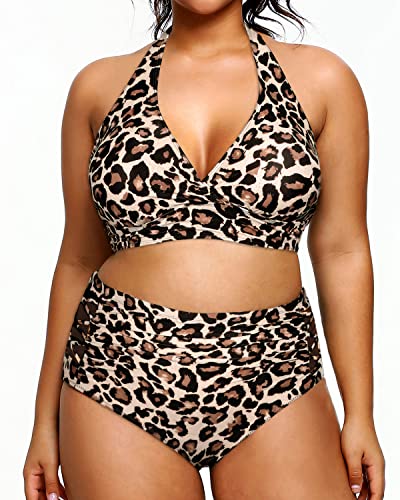 Plus Size Women's Sexy Two Piece Halter Bikini Ruched Bottom-Leopard