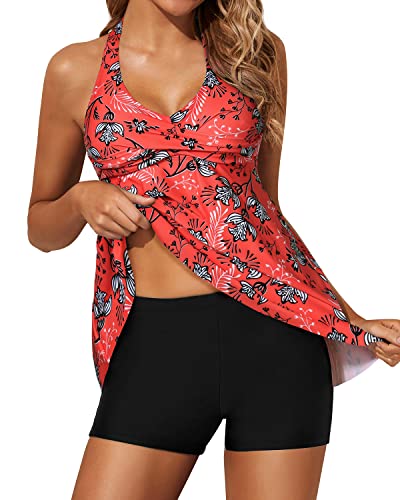 Flattering Twist Front Tankini Swimsuits For Women Shorts-Red Floral