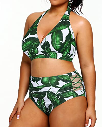 High Waisted Slimming Two Piece Bikini Swimsuits For Women-Green Leaf