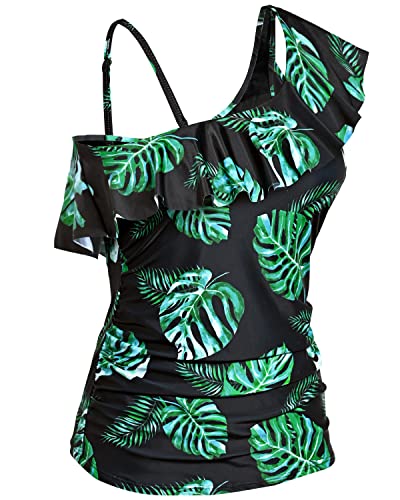 One Shoulder Tankini Tops Ruffle Flounce Ruched Swimsuit Tops-Black And Green Leaf