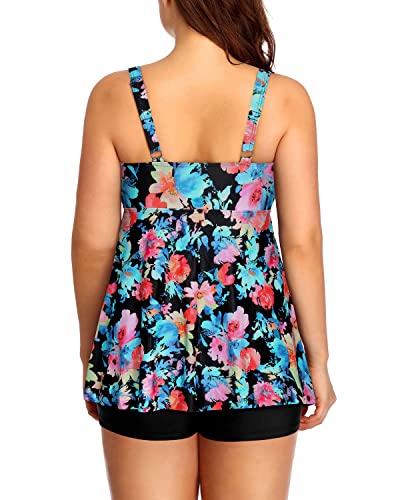 Flyaway Bathing Suits For Women V Neckline Plus Size Tankini Set-Pink Flower Blue