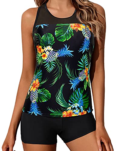 Tankini Swimsuits For Women Sporty Tummy Control Bathing Suit-Black Pineapple