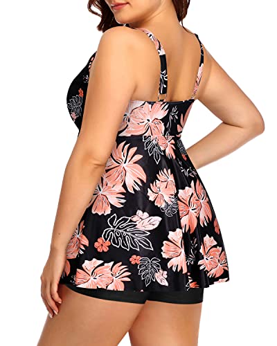 Two Piece Padded Push Up Bra Adjustable Shoulder Straps Women's Tankini-Black Orange Floral