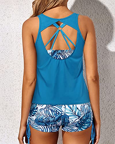 Women's Open Back Tankini Swimsuits Boy Shorts And Bra-Blue Leaf