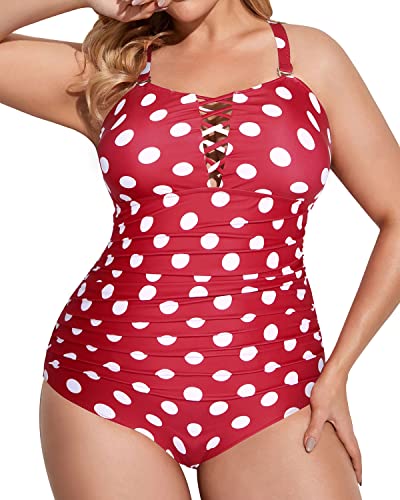 Plus Size One Piece Swimsuits Criss Cross Back Lace Up Swimwear-Red Dot