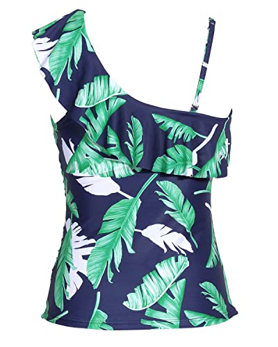 Form Fitting Ruched One Shoulder Tankini Top Strapless Neckline-Blue Leaf