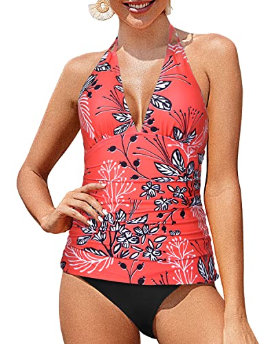 Backless Halter Tankini Swimsuits Bikini Bottom For Women-Red Floral