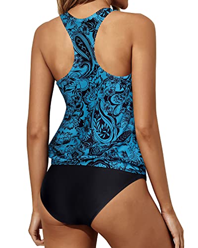 Racerback Tankini Tank Tops Bottoms Blouson Swimwear For Women-Black And Tribal Blue