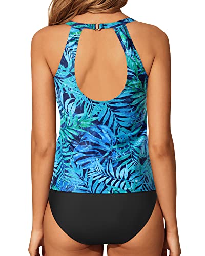 Two Piece High Neck Sexy Tankini Swimsuits For Women-Dark Blue Green Leaves