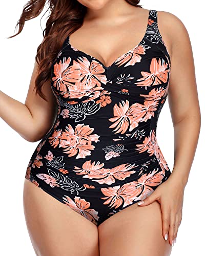 Twist Front Retro One Piece Swimsuits For Women Plus Size-Black Orange Floral