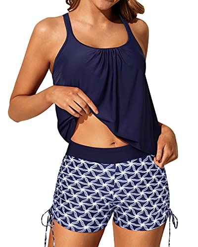 Women's Push Up Slimming Tummy Control Blouson Tankini Swimsuits-Navy Blue Tribal