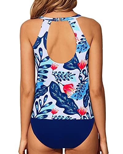 High Waisted Swim Bottom Tummy Control Backless Tankini-White And Blue Floral