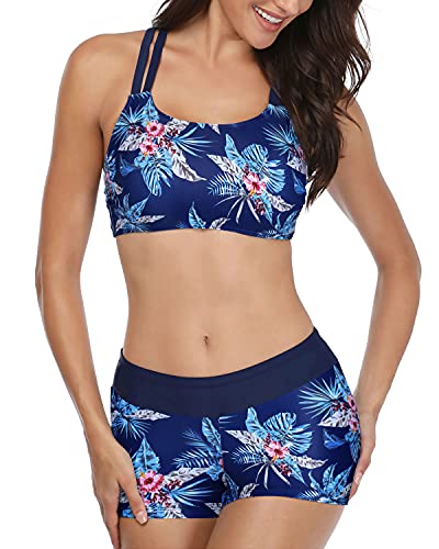 Athletic Tummy Control Tankini Swimwear Boy Shorts-Navy Blue Floral