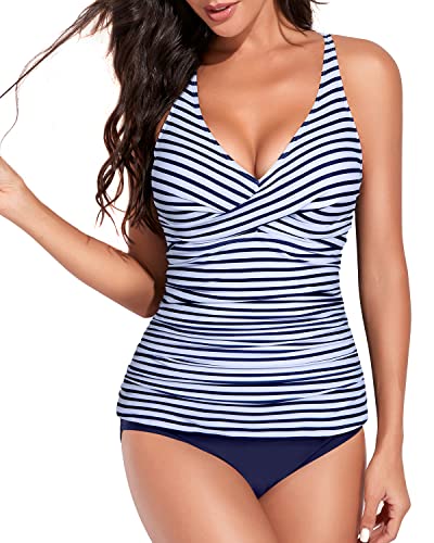 Cirss Cross Back Women's Two Piece Tankini Tops Bikini Bottoms Twist Swimwear-Blue White Stripe