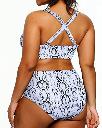 Stylish Tummy Control Plus Size Two Piece Bathing Suits-Snake Print