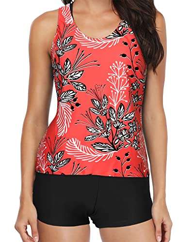 Teen Tankini Bathing Suit Tummy Control And 3 Piece Set For Women-Red Floral