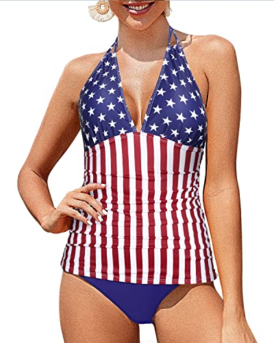 Women's Halter Tankini V Neck Swimsuit Bikini Bottom-American Flag