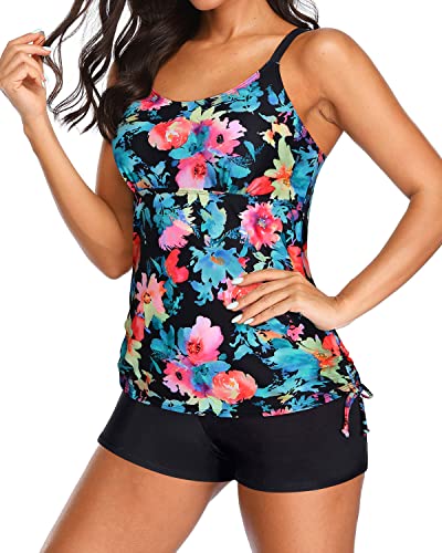 Athletic Two Piece Girls Tankini Shorts For Comfort And Support-Pink Flower Blue