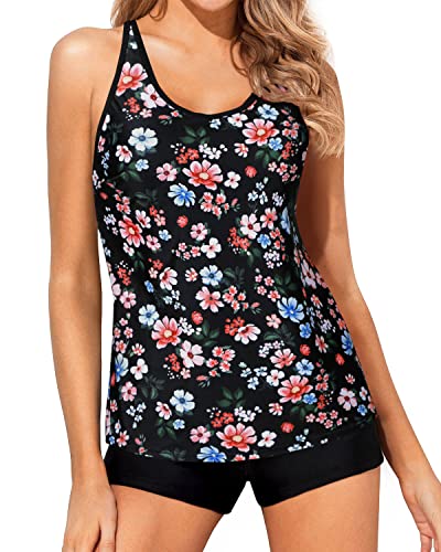 Tummy Control & Modest Coverage Our Tankini Swimsuits For Women-Black Flowers