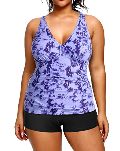 Ruched Plus Size Tankini Two Piece Swimsuits Shorts For Women-Blue Tie Dye