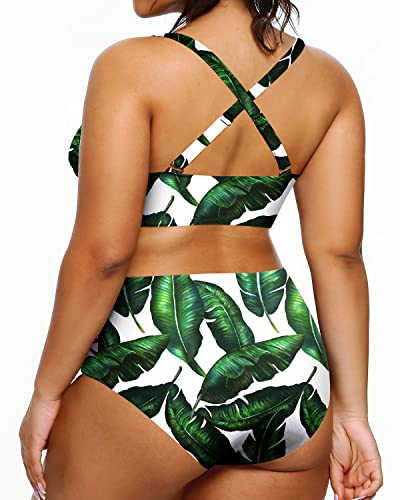 Push Up Padded Bra Plus Size Bikini High Waisted Bikini Swimsuits For Women-Green Leaf