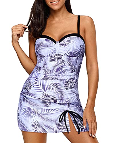 Vintage Stretchy Swim Skirts For Women Tankini Set-White Leaf
